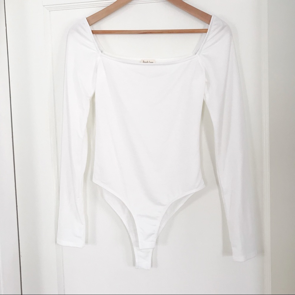 Square Neck Long Sleeve Bodysuit White Peach Love Made In USA NWOT